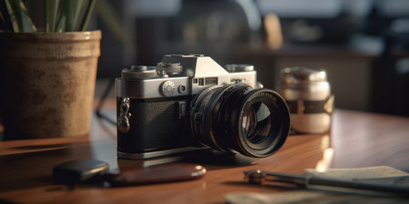 reflex photo camera on the table, generative aiの素材