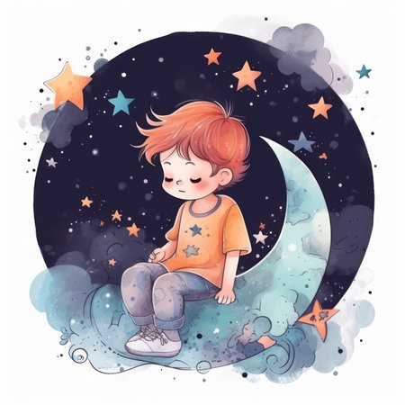 illustration of boy at night sitting on the moon, generative aiの素材