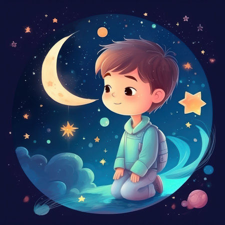 illustration of boy at night sitting on the moon, generative aiの素材