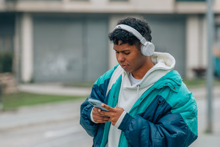 young man with mobile phone and headphones in the street