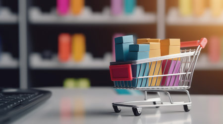 shopping cart with computer, online shopping, generative aiの素材