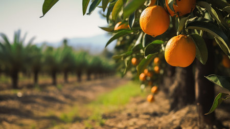 orange tree in foreground with farm field background, generative aiの素材