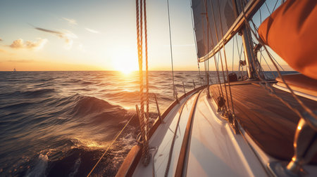 sailboat or yacht sailing through the sea at sunset, generative aiの素材