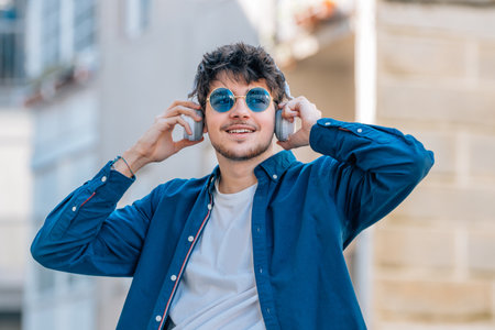 boy on the street with headphones and sunglasses
