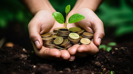 hands with coins and young plant sproutingの素材