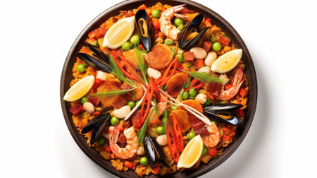 top view paella isolated on backgroundの素材