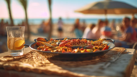 paella or bar food in summer on the beachの素材