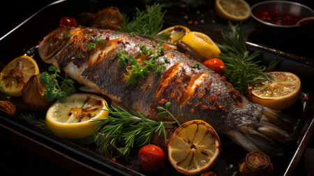 baked sea bass presented on a tray with ingredientsの素材