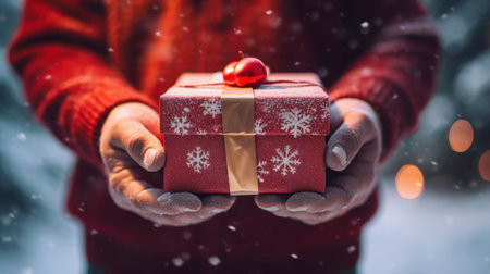 close-up of hands of santa claus with gift box, generative aiの素材