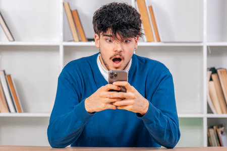 young male student looking surprised at mobile phoneの写真素材