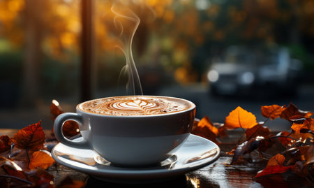 autumnal image or background of steaming cup of coffee on top of the table in a parkの素材