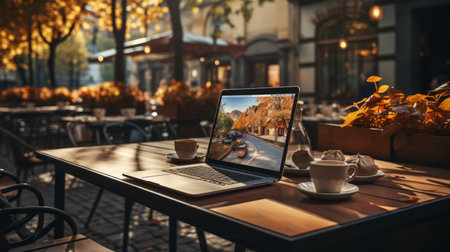 laptop or computer on top of the table in autumnの素材