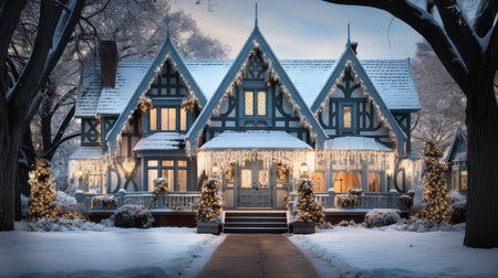 Beautiful wooden house in the park at night in winter time.の素材