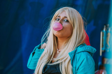 girl chewing gum making balloon