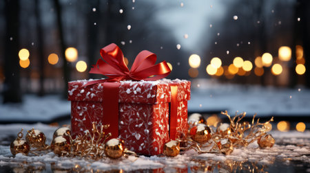 gift box with christmas bow in the snowの素材