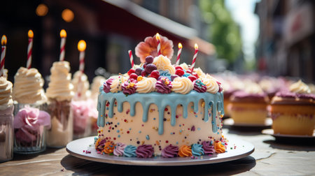 beautiful birthday cake with candlesの素材