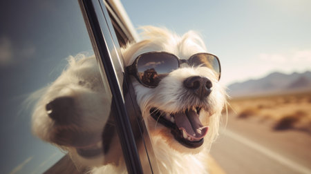 traveler dog with head out of car window, generative aiの素材
