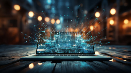 laptop or computer with abstract technology and networking backgroundの素材