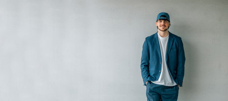 urban young man in cap or student standing on street wall background