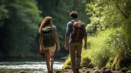 young couple walking with backpacks in the forest, hiking and travelingの素材