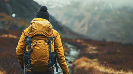 traveler with backpack in the mountainsの素材