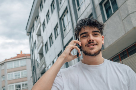 young man on the street talking on mobile phone or smartphone