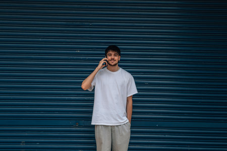 young man or teenager with mobile phone on the streetの写真素材