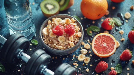 gym dumbbells with healthy eatingの素材