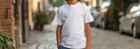 white t-shirt mockup on boy outdoorsの素材