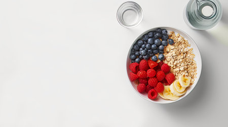 top view of cereal bow with fruits and copy spaceの素材