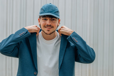 student in a suit and cap on the street smiling