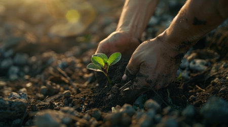 hands with young plant in the earth, ecology and sustainabilityの素材
