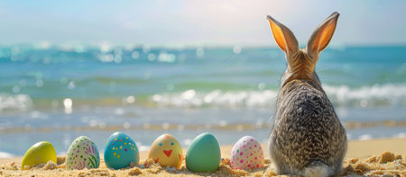 rabbit with easter eggs on the beachの素材