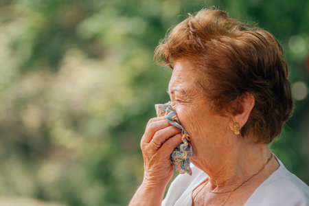 senior woman with scarf coldの写真素材