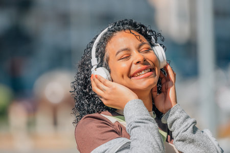 girl on the street with headphones