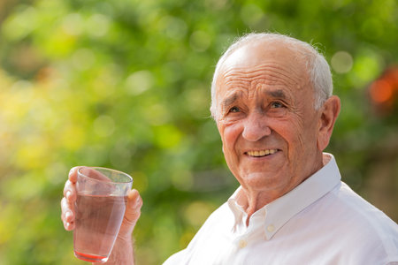 senior drinking water in summer outdoorsの写真素材