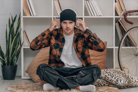 young man at home putting on headphonesの写真素材