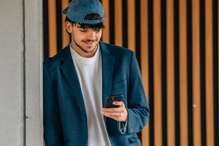 student on the street with mobile phoneの写真素材