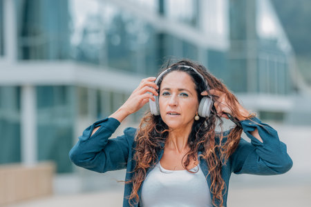 urban woman on the street with headphonesの写真素材