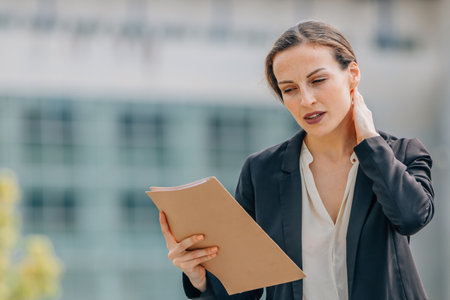 business woman or executive with documents on the street outdoorsの写真素材
