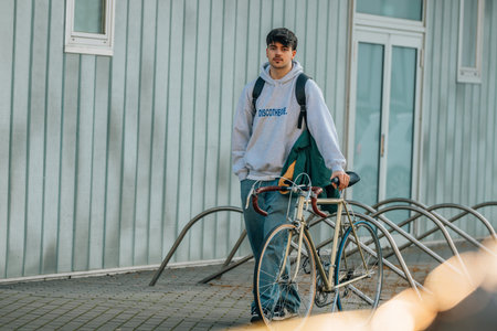 urban scene of young man with vintage bicycle