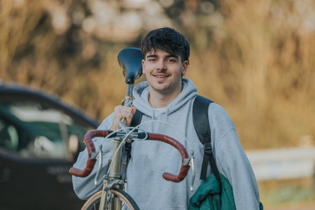 student with vintage bicycle and young american outfitの写真素材