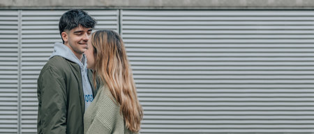 young couple talking with copy spaceの写真素材
