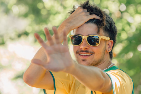 portrait of smiling young man in sunglasses and yellow t-shirt in summerの写真素材