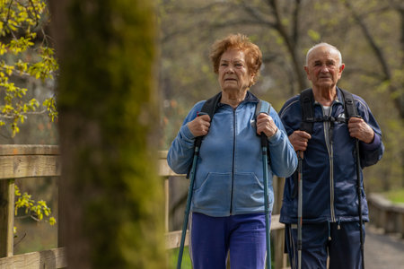 senior couple hiking outdoors in natureの写真素材
