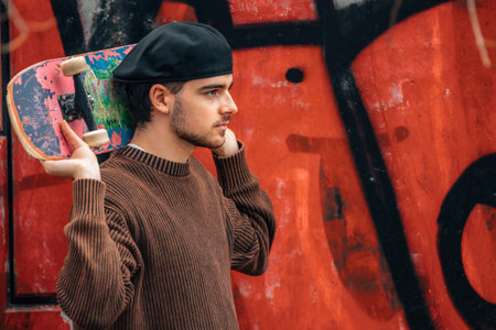 young man on the street with skateboardの写真素材