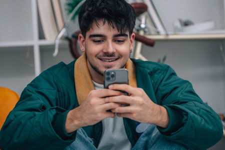 young man at home sitting on the floor looking at his mobile phoneの写真素材
