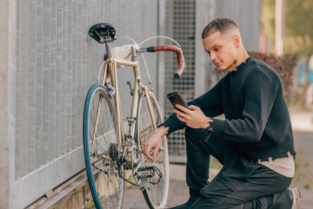young man on the street looking at his mobile phone to repair the bicycle