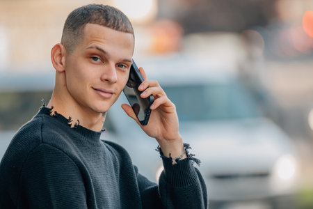 portrait of attractive young man on the street with mobile phone
