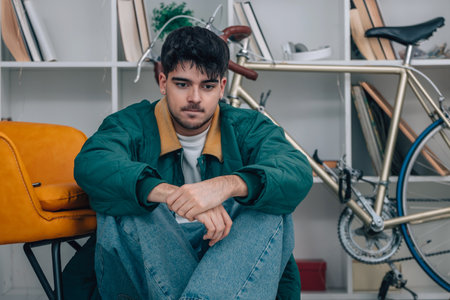 young man at home thoughtful making a decisionの写真素材